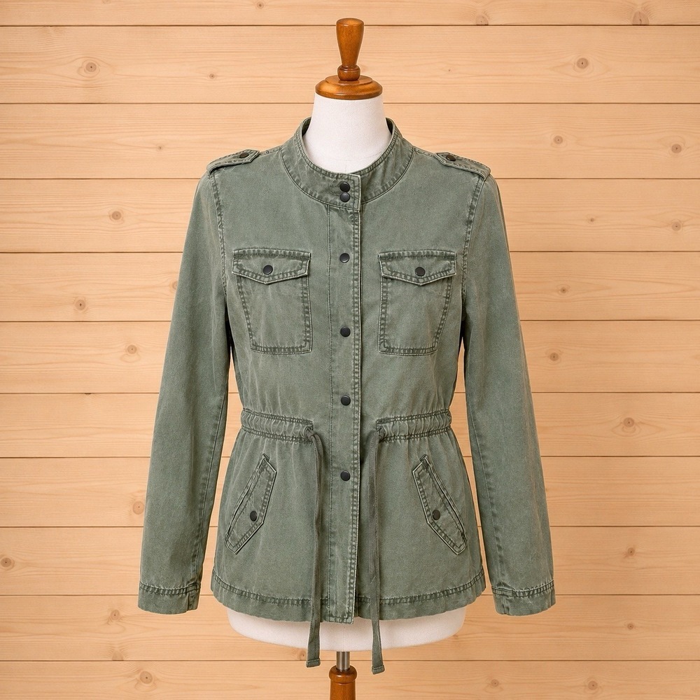 LOFT Petites Utility Jacket XS Petite Olive Green Snap Front Drawstring [A2]